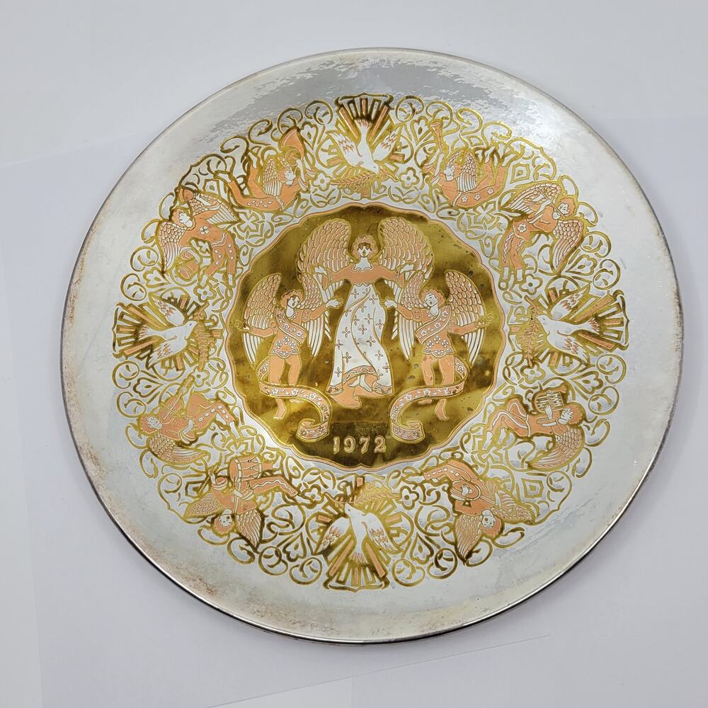 Vtg Reed & Barton Damascene Metal Plate 3 Holy Angels Christmas 1972